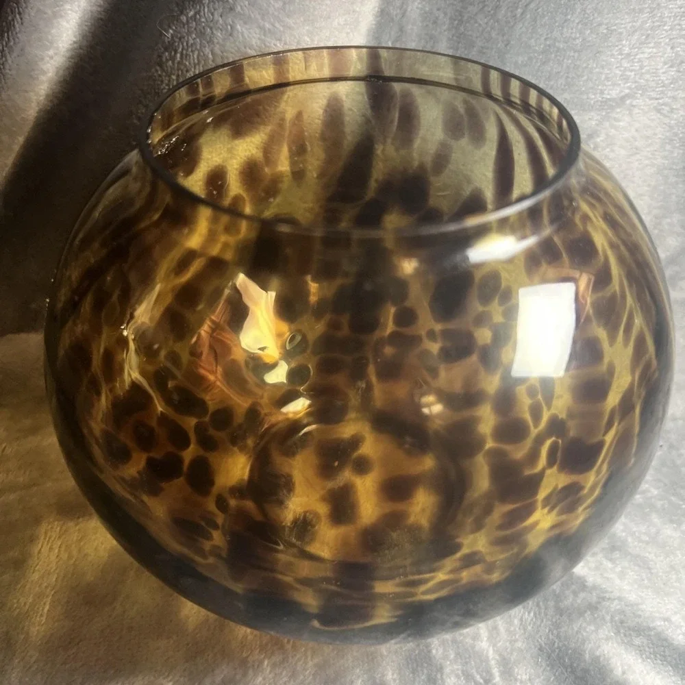 Tortoise Shell Glass Vase Amber Brown Fishbowl Leopard Spots MCM 7in